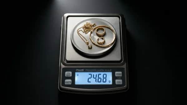 Goldwert berechnen — Präzisionswaage mit Goldschmuck zur professionellen Wertermittlung