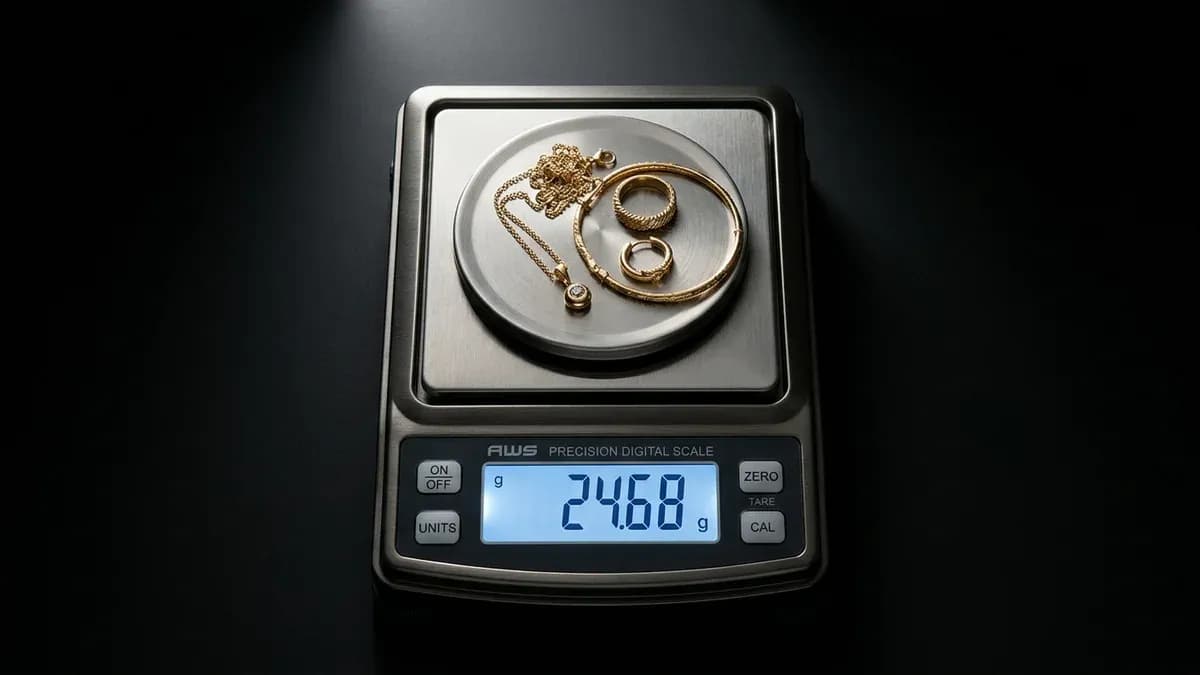 Goldwert berechnen — Präzisionswaage mit Goldschmuck zur professionellen Wertermittlung