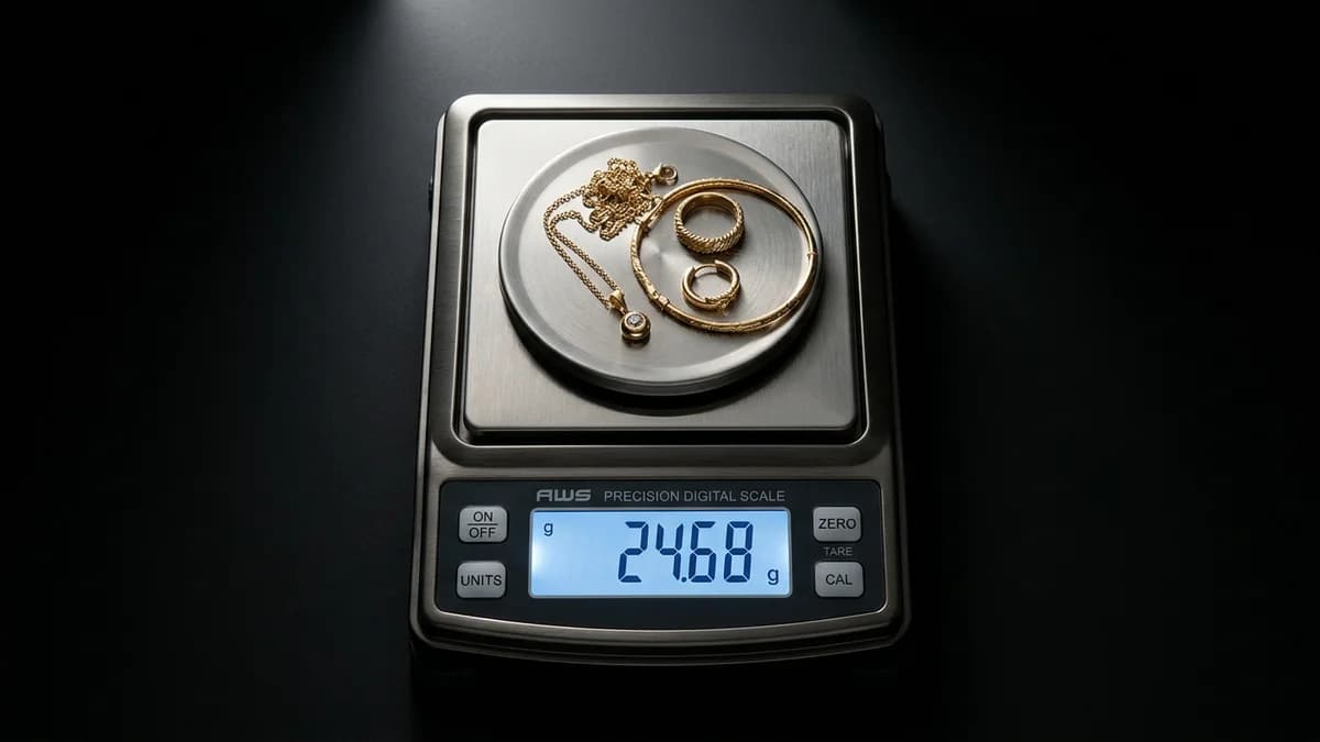 Goldwert berechnen — Präzisionswaage mit Goldschmuck zur professionellen Wertermittlung